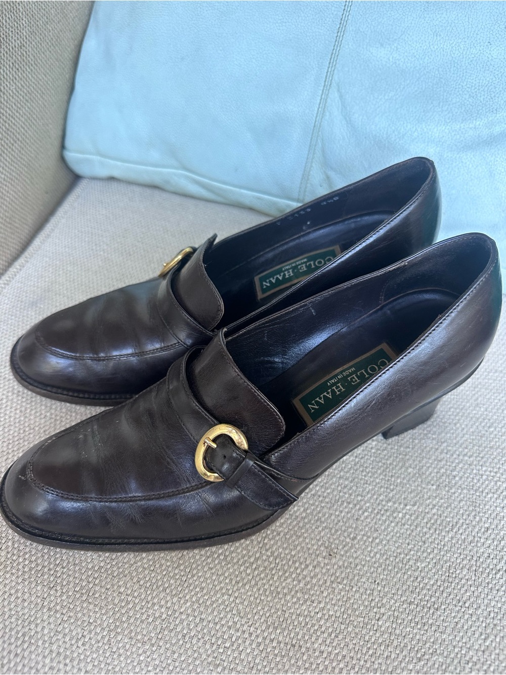 Cole Haan Dark Brown Leather Loafers with Gold Buckle